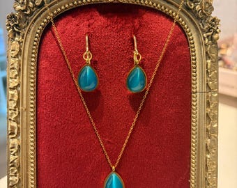 Conjunto de aretes y collar, regalo en forma de lágrima azul, plata ley 316L 14k, acero inoxidable color dorado.