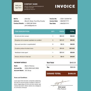 Elegant Earth Toned Invoice Template | Editable in Canva | Professional Billing Form for Small Business and Freelancers