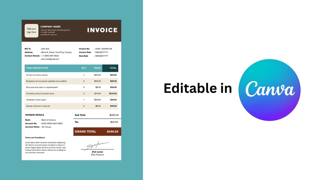 Matte Collection Invoice Elegant Earth Toned Invoice Template | Editable in Canva | Professional ...