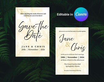May include: Two wedding invitation templates with a floral design. The left card reads "Save the Date" with the names Jane & Chris and the date. The right card says "Jane & Chris" invite you to their wedding.