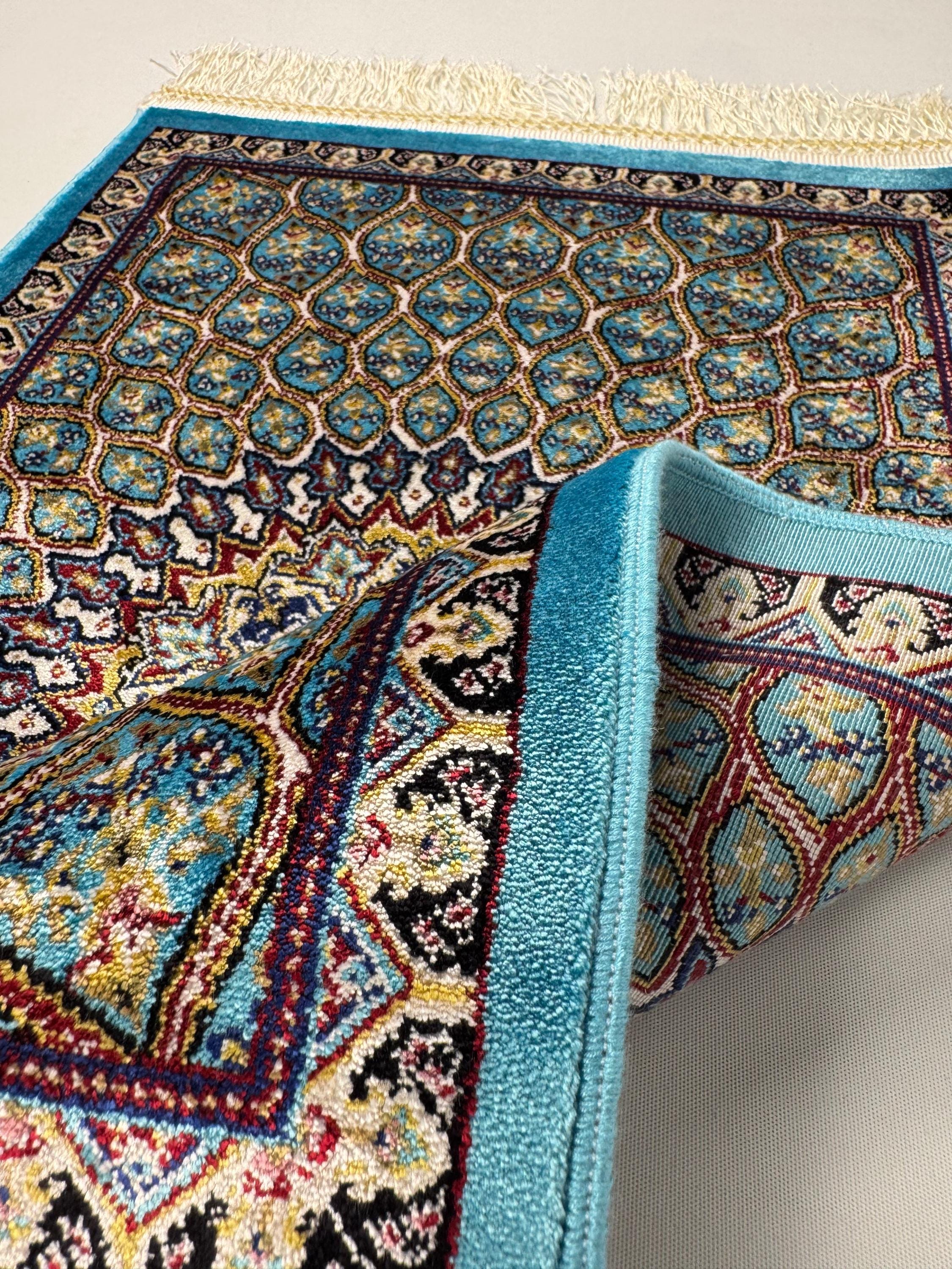 Turquoise Silk Ribbed Rug Bamboo Silk Rug: Turquoise Edge Medallion, Turkish Carpet (0.40 × 0.60 ...