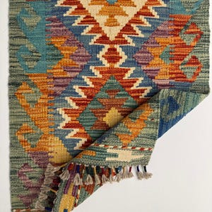 Handwoven Wool Kilim Runner: Orange & Blue Geometric Rug