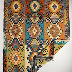 Tapete Kilim de lã tecido à mão: Arte geométrica turca (4,2 x 6,6 pés)