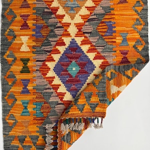 Tapete Kilim de lã tecido à mão: decoração turca laranja cinza (0,60 × 0,93 m)