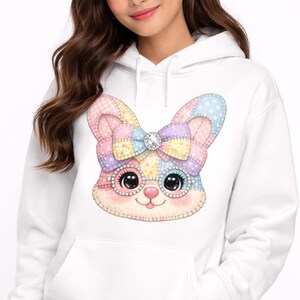 Pastel Patchwork Easter Bunny Shirt Kawaii Spring Graphic Tee for Women