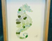 GORGEOUS Handmade OOAK SEAHORSE Sea Glass Art 8 x 10 Genuine Surf Tumbled Sea Glass Distressed Barnwood Shadow Box Frame