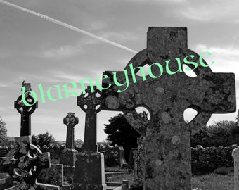 GORGEOUS Black /& White Photo Of CELTIC CROSSES in Ireland Eire Irish Cemetery