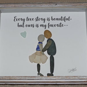 SEA GLASS & PEBBLE Art! Our Love Story! 8 x 10 Distressed Barnwood Shadow Box Frame! Genuine Surf Tumbled Sea Glass and Beach Stones/Pebbles