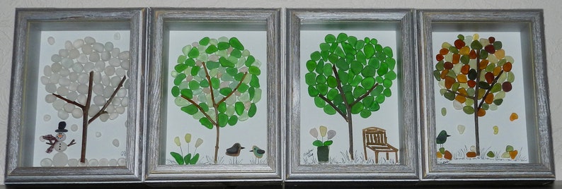 Stunning Seasonal SEA GLASS TREES Genuine Sea Glass Barnwood Shadow Box Frames Beautiful Wall Art! Surf Tumbled Set of 4-5 x 7/'s