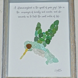 Beautiful SEA GLASS Art - HUMMINGBIRD!! Surf Tumbled! Barnwood Shadow Box Frame! 8 x 10