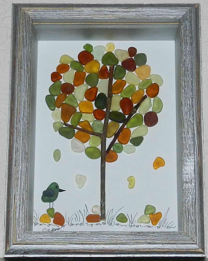 Stunning Seasonal SEA GLASS TREES Genuine Sea Glass Barnwood Shadow Box Frames Beautiful Wall Art! Surf Tumbled Set of 4-5 x 7/'s