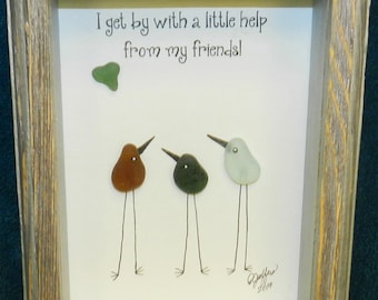 Sea Glass Birds Art – Barnwood Shadow Box Frame, Friendship Gift