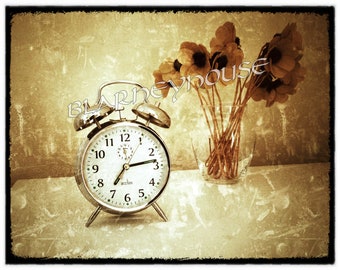 Vintage Style Photo Print: Clock and Dried Flowers Still Life