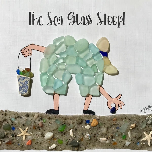 Hecho a pedido* ¡El SEA GLASS STOOP! Divertido arte caprichoso de cristal de mar!! ¡Coleccionista de vidrio de mar! ¡Raquero! ¡Marco de la caja de sombras de Barnwood!