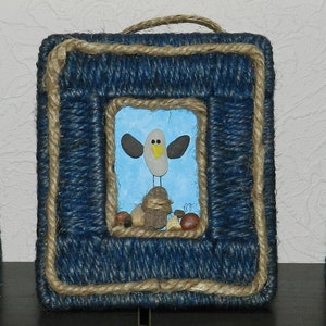 Adorable Set of 3 SEA GLASS SEAGULL Pictures! Blue Jute Frames
