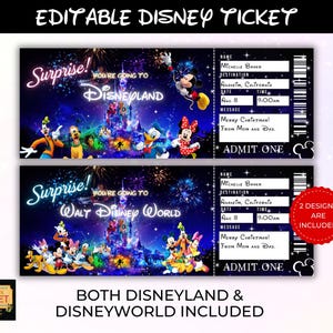 Editable Disneyland Ticket, Disneyworld Ticket, Surprise Reveal Editable Ticket, Theme Park Ticket, Surprise Ticket Gift, Instant Download