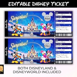 Editable Disneyland Ticket, Disneyworld Ticket, Surprise Reveal Editable Ticket, Theme Park Ticket, Surprise Ticket Gift, Instant Download