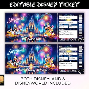 Editable Disneyland Ticket, Disneyworld Ticket, Surprise Reveal Editable Ticket, Theme Park Ticket, Surprise Ticket Gift, Instant Download