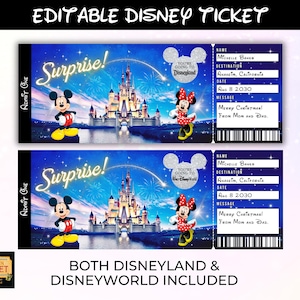 Editable Disneyland Ticket, Disneyworld Ticket, Surprise Reveal Editable Ticket, Theme Park Ticket, Surprise Ticket Gift, Instant Download
