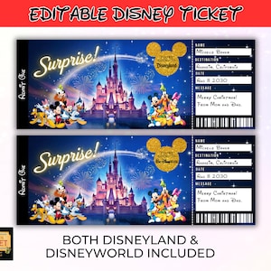 Editable Disneyland Ticket, Disneyworld Ticket, Surprise Reveal Editable Ticket, Theme Park Ticket, Surprise Ticket Gift, Instant Download