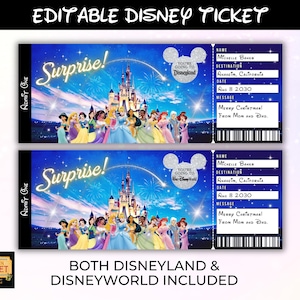 Editable Disneyland Ticket, Disneyworld Ticket, Surprise Reveal Editable Ticket, Theme Park Ticket, Surprise Ticket Gift, Instant Download