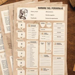 Puede incluir: Una escena de mesa con hojas de juego de estilo vintage con detalles de personajes, un mapa, un libro encuadernado en cuero y una taza de cobre. Las hojas tienen el texto "NOMBRE DEL PERSONAJE". También se ven una pequeña bolsa y una moneda.