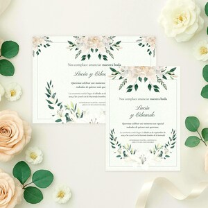Complete wedding invitation set in Spanish and English. Everything you need for your wedding: invitation, menu, RSVP, table numbers, and more.