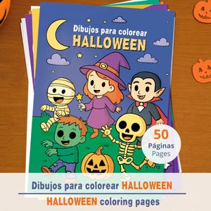 Peut inclure: Une pile de pages à colorier d'Halloween avec une couverture bleue, un croissant de lune jaune, des nuages violets et des personnages de dessin animé : momie, sorcière, vampire, zombie, squelette et citrouille. Texte : Dibujos para colorear HALLOWEEN et 50 Páginas Pages.