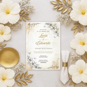 Puede incluir: Una invitación de boda con los nombres de Lucía y Eduardo, rodeada de flores blancas, hojas doradas y un plato dorado. La invitación tiene elementos florales decorativos y texto en oro.