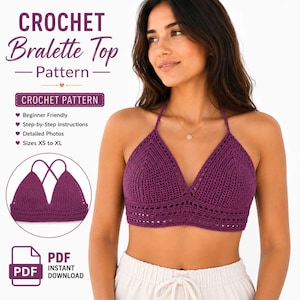 Puede incluir: Un patrón de top bralette de ganchillo morado con el texto CROCHET Bralette Top Pattern, CROCHET PATTERN, Beginner Friendly, Step-by-Step Instructions, Detailed Photos, Sizes XS to XL, y PDF INSTANT DOWNLOAD.