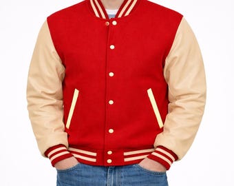 Classic Red & Cream Varsity Jacket – Wool Body with Leather Sleeves Baseball Jacket