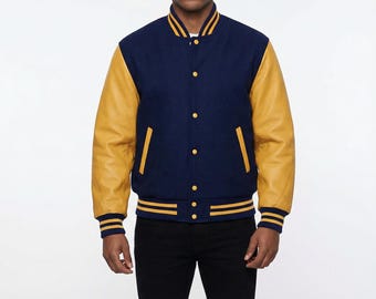 Navy Varsity Jacket with Gold Leather Sleeves | Wool Baseball Bomber| Letterman Jacket for Men