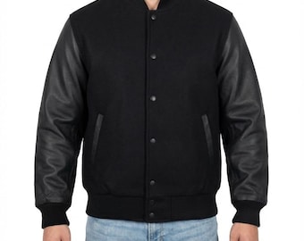 Black Varsity Jacket | Wool & Leather Letterman Bomber | Custom Baseball Jacket for Men