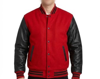 Red Varsity Jacket | Wool & Leather Letterman Bomber | Custom Baseball Jacket for Men