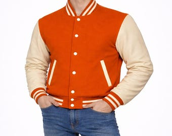 Men’s Orange Varsity Jacket – Letterman Jacket with Cream Sleeves, Classic College Bomber