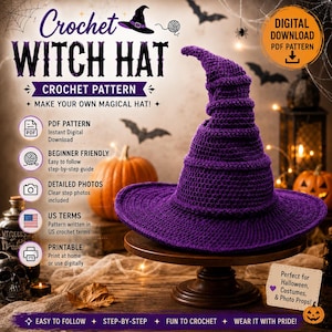 May include: A purple crochet witch hat with a pointed, slightly curved top and a wide brim. The image includes text: Crochet Witch Hat, Digital Download PDF Pattern, Beginner Friendly, Detailed Photos, US Terms, and Printable. Halloween theme.