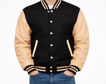 Vintage-Style Black Varsity Jacket | Cream Leather Sleeves & Wool Body Baseball Jacket