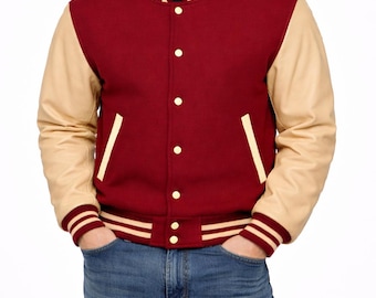 Maroon & Cream Varsity Jacket for Men | Classic Letterman Jacket | Retro College Baseball Bomber