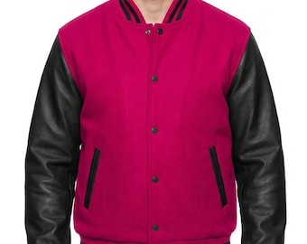 Hot Pink Varsity Jacket | Wool & Leather Letterman Bomber | Custom Baseball Jacket for Men