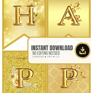 Printable Gold Happy Birthday Banner A2, A3, A4, A5, Letter Size