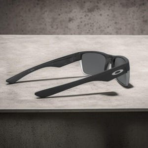 May include: Black sunglasses with gray lenses, featuring a sleek, modern design. The sunglasses have a matte finish and the Oakley logo on the side. The arms are extended, showcasing the frame's shape and style.