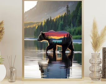 Bear Sunset Double Exposure Print: Rustic Cabin Wall Art (Digital Download