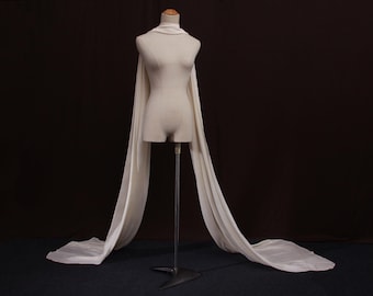 AZ17 |Cathedral Length Chiffon Bridal Scarf | Light Ivory Sheer Wedding Shawl | Detachable Neck Scarf | Minimal Bridal Cover Up