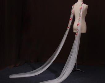 AZ10| Rose Lace bestickter Brautschal | Boho Hochzeit Schal | Ivory Tüll Brautschal | Schlichter Brautschal | Romantische Braut Accessoires