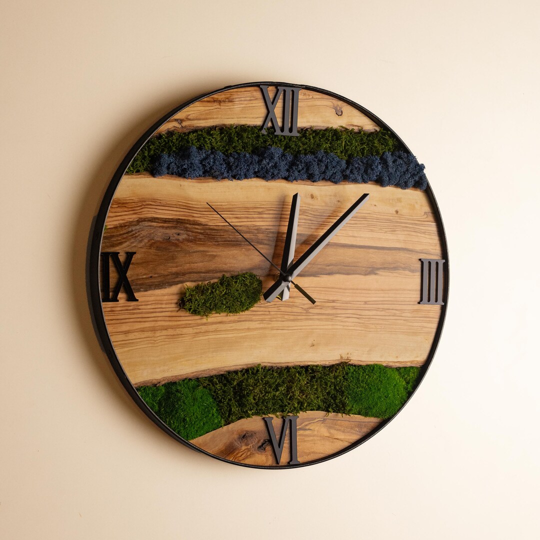 Metal Framed Olive Wood Moss Wall Clock, Handmade Rustic Decor ...