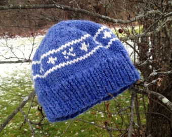Ready to Ship Hand-Knit Alpine Woolen Hat-- Womens / Boys / Girls, Blue and Cream