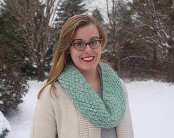 Hand-Knit Chunky Wool Infinity Scarf, Sea Green Cowl