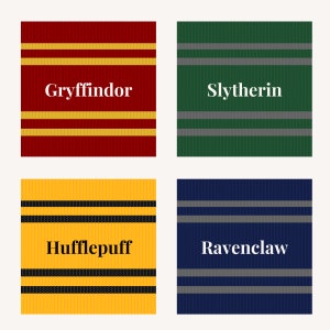 May include: Four colorful squares with the names of the Hogwarts houses: Gryffindor, Slytherin, Hufflepuff, and Ravenclaw. Each square has a different color and pattern of stripes.