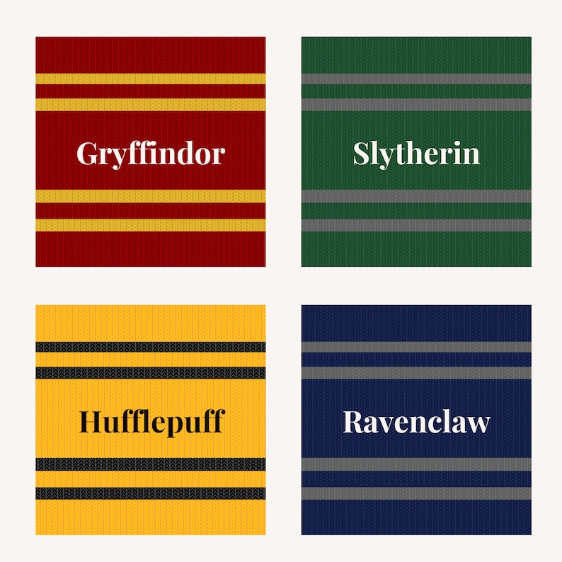 May include: Four colorful squares with the names of the Hogwarts houses: Gryffindor, Slytherin, Hufflepuff, and Ravenclaw. Each square has a different color and pattern of stripes.