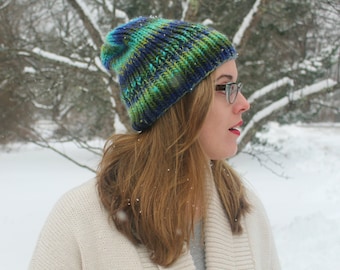 Ready to Ship Hand-Knit Blue Ombre Slouch Hat-- Womens / Mens / Boys / Girls, Blue, Teal, Green Ombre